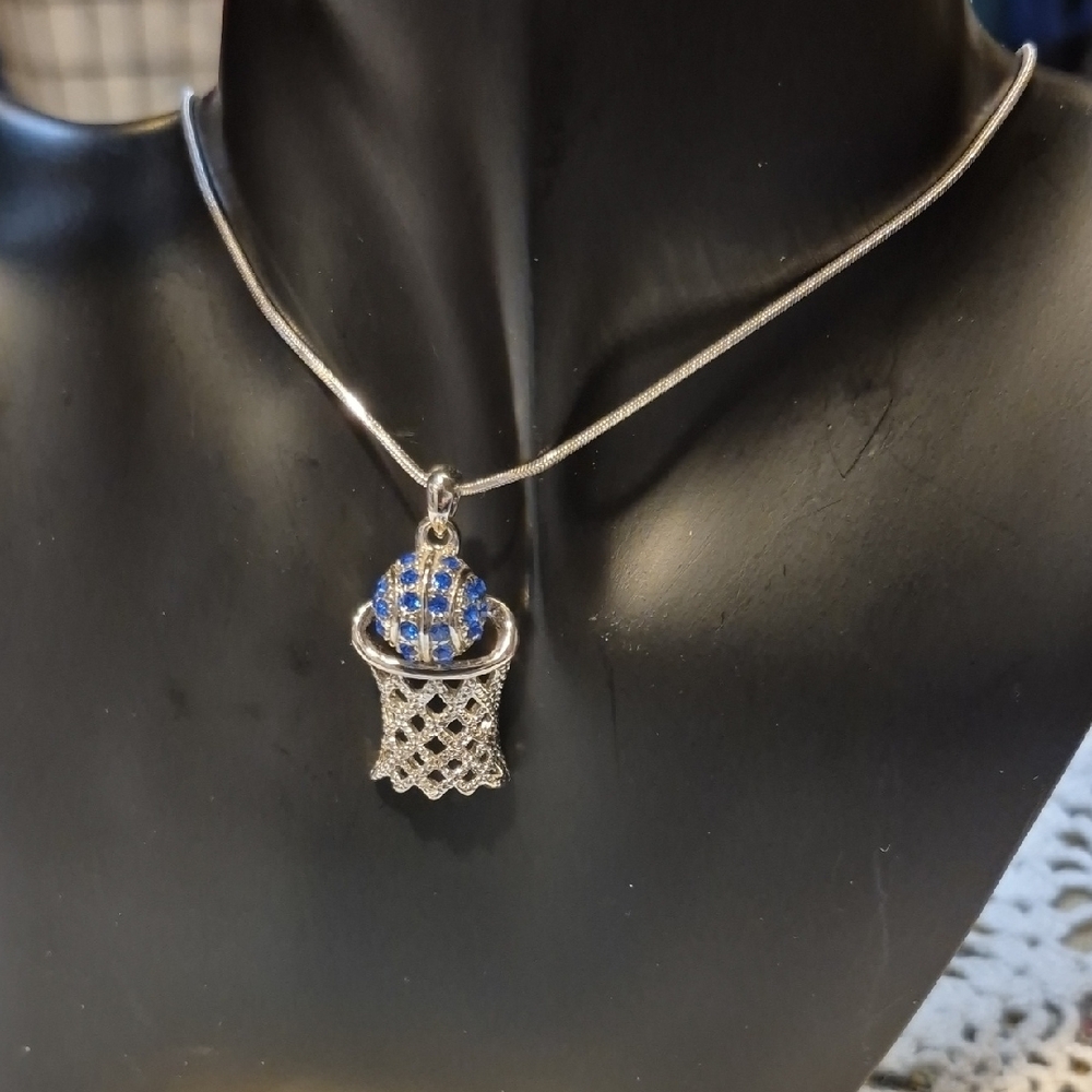 Sporty Silver Tone and Blue Basketball Necklace